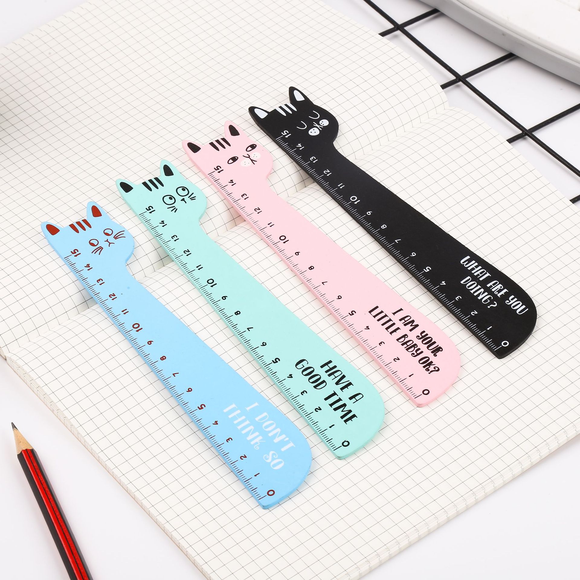 Creative Cute Fresh Student Prize Drawing Ruler Journal Scale Student Gift Wooden Cute Cat Wood Ruler