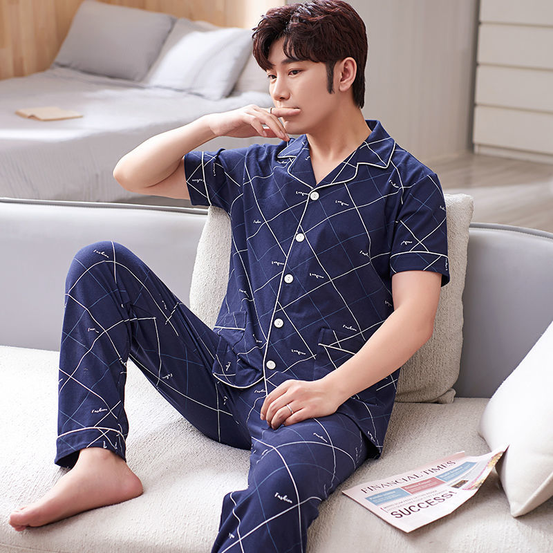 Pijamas de hombre ropa de verano 100% algodón pantalones de manga corta chaqueta juvenil traje de homewear delgado de mediana edad