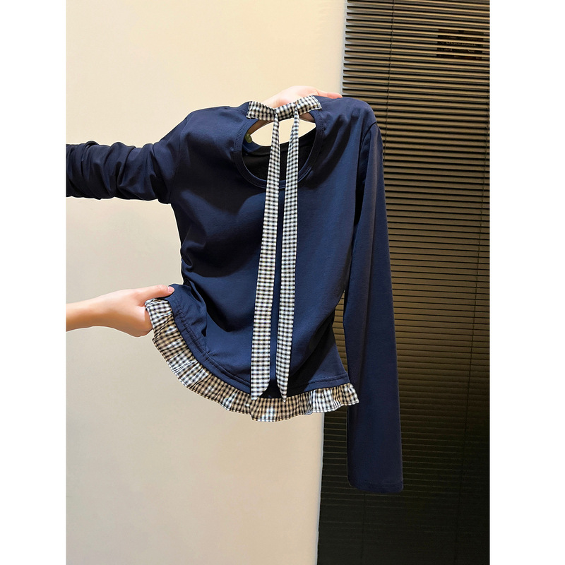 Jiahuan Popular Lace Splicing Fake Two-Piece Long-Sleeved Tops Autumn and Winter Waist Slimming Look T-Shirts with Cut Out Straps