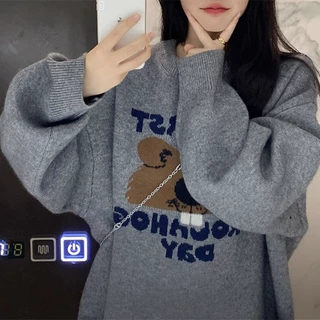 慵懒风长袖毛衣女装秋季2025新款小熊提花宽松中长款外穿针织上衣