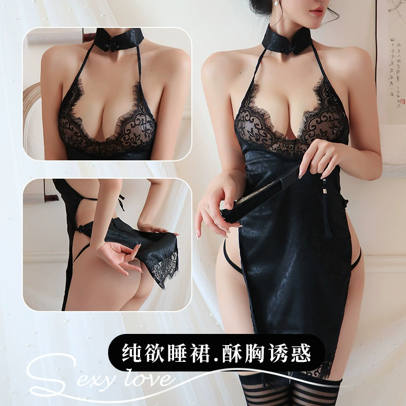 Длинная ночь эротического нижнего белья Сексуальная шея Перспективный кружевной кружевной развилки Чистый желание Cheongsam Униформа Набор 1816