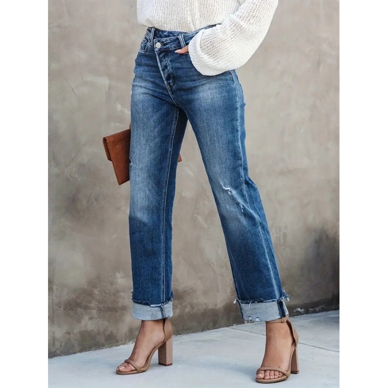 Jeans Rectos para Mujer de Mezclilla de Algodón de Tiro Alto