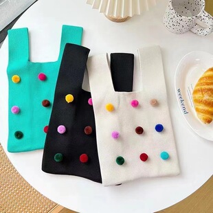 New DIY Colorfulful Plush Ball Handmade Handbag Bucket Bag Knitted Tote Bag Colorfulful Ball Crossbody Bag Shoulder Bag