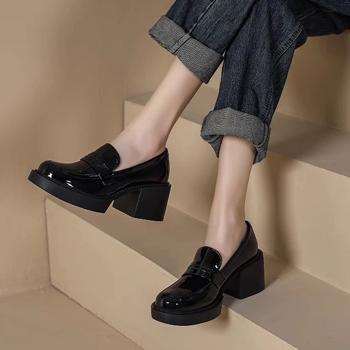 Суперкомфортные~ Мягкие кожаные черные лоферы на платформе для женщин, низкий каблук, массивный каблук, кожаные туфли на платформе, ретро-туфли в стиле JK.