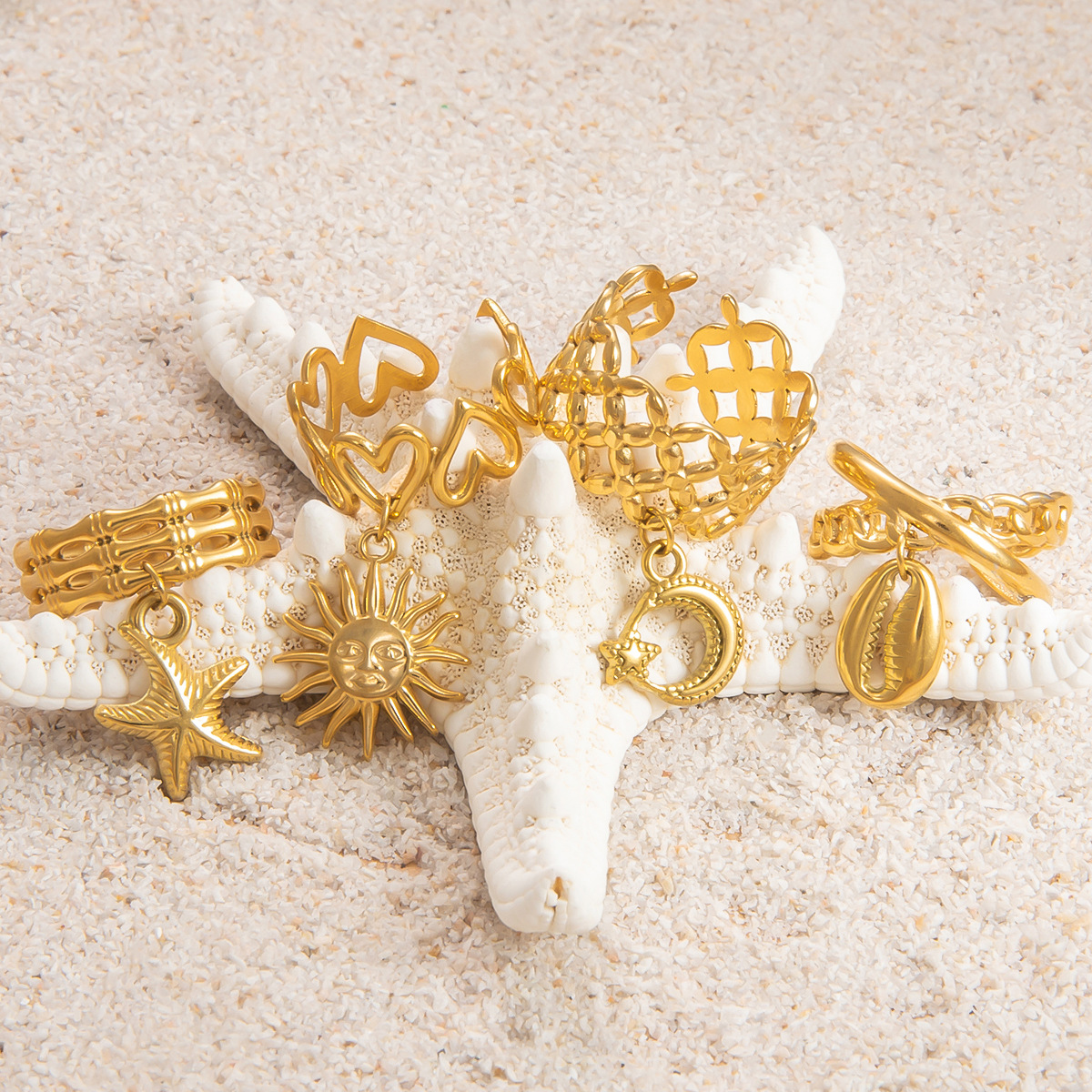 4g Weight Open Rings Classification Adjustable Ring Size 1 Piece Quantity Casual, Holiday Occasion 304 Stainless Steel Material Starfish, Shell, Fish Pattern Women's Gender Plating Design Marine Style Style Gold Color Marine Style Starfish Shell Fish 304 Stainless Steel Plating Women's Open Rings 3