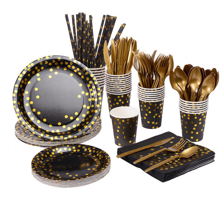 Bronzing Black Polka Dot Tableware Thickeneded Paper Cup Pie Paper Plate Gold Knife, Fork, Spoon Tissue Paper Party Decoration Supplies Set