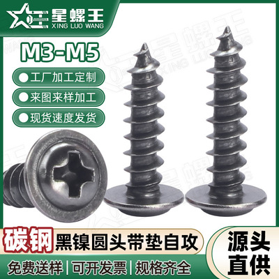 PWA碳钢镀黑镍十字圆头带垫自攻螺丝盘头带介螺丝钉批发M3/M4/M5