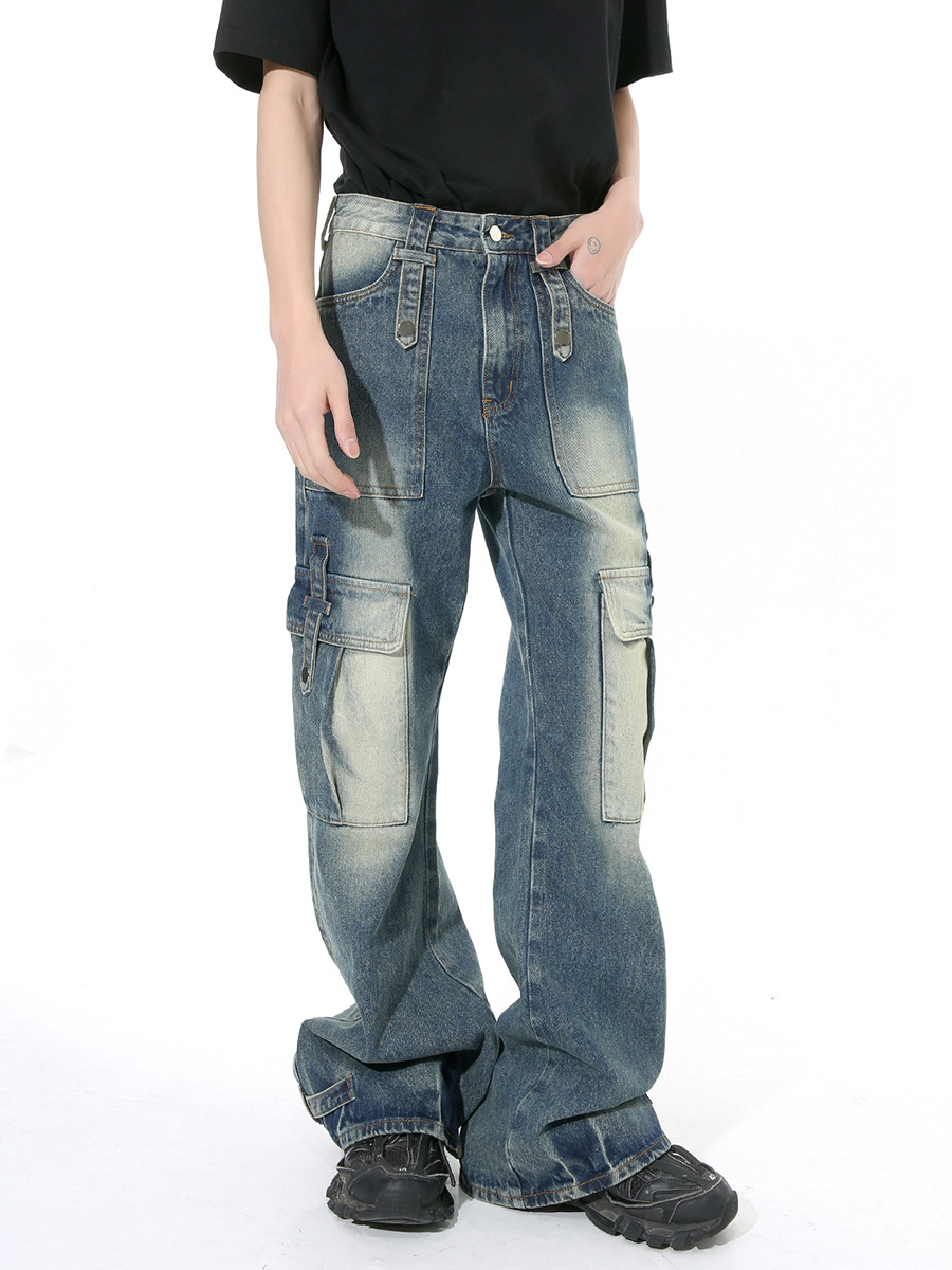 MTLClothes ropa de Hombre | 2024 primavera nueva moda hermosa High Street angustiado diseño Multi-Bolsillo jeans rectos