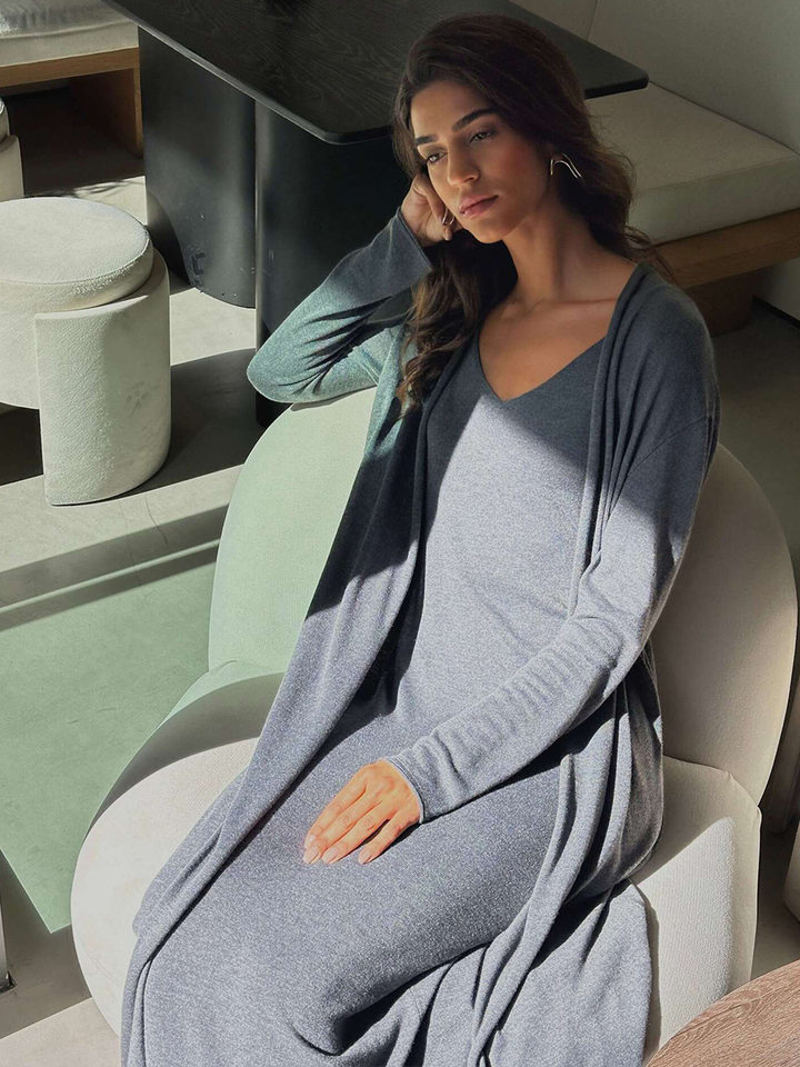 Bộ đầm dài kèm áo cardigan dệt kim dài tay nữ — Màu cà phê đậm, Màu hồng, Màu trắng, Màu xám chi tiết 100
