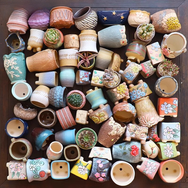 Succulent Flower Pots, Coarse Pottery, Breathable, Large and Small Diameter, High Pile Ceramics, Retro Plant Sets, Cross-Border Wholesale