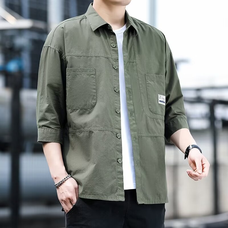 High-end 100% cotton 3/4 sleeve shirt men's casual loose solid color short sleeve shirt coat men's fashion