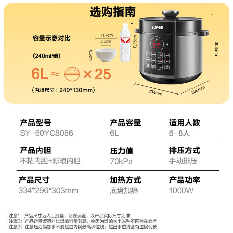 苏泊尔电压力锅6升大容量3-9人家用商用多功能智能双胆高压锅饭煲|undefined