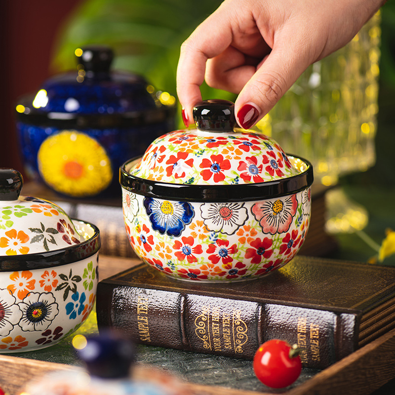 Hand-painted ceramic small stew cup household soup cup with lid water-proof soup pot steamed egg bowl steamed chicken egg bowl dessert bowl wholesale