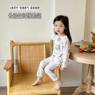 3-16 year old girl summer bamboo fiber light breathable pajamas 80-150cm long sleeve trousers air conditioning room suit