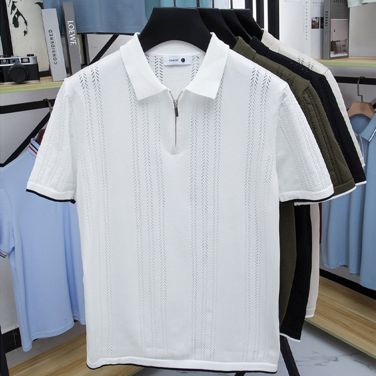 POLO suéter de punto de manga corta con solapa para hombre, verano, seda de hielo, rayas, color a juego, negocio, delgado, marea, comercio exterior, venta al por mayor transfronteriza