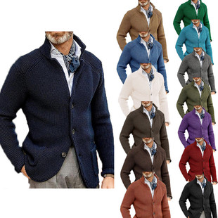 Solid Color Stand Collar Cross-Border Fashion New Men's Casual Long-Sleeved Knitted Cardigan Daily European and American Slim Sweater