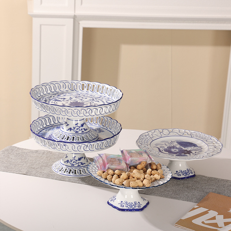 Blue and White Porcelain Dessert Plate Set European-Style Hollow Ceramic Fruit Plate Dessert Table Decorative Plate Home Banquet Tableware