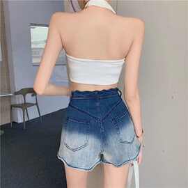 2026年夏季新款渐变色设计感阔腿牛仔短裤女装高腰直筒休闲热裤子