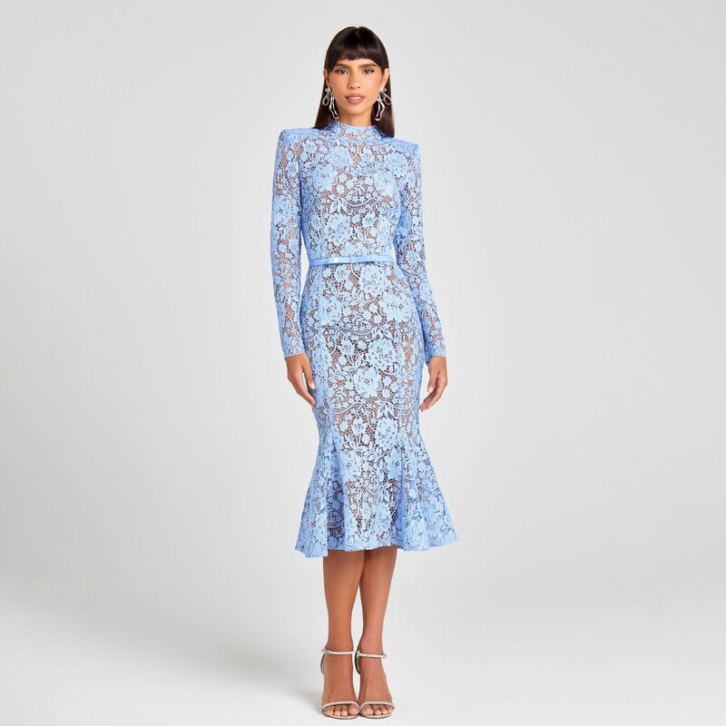 Cross-Border Evening Dress Foreign Trade New Style European and American Lace Long Dress See-Through Hollow-Out Mermaid Dress Slim-Fit Long-Sleeve Dress