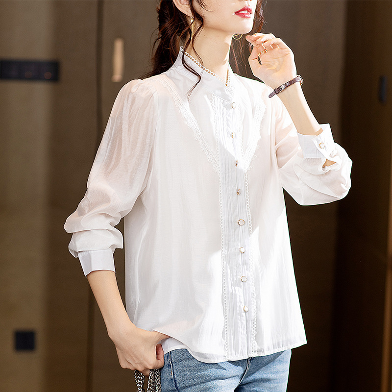 Plus size shirt for women 2023 Spring and Autumn new fashionable elegant lady lace sweet stand collar top for plump girls