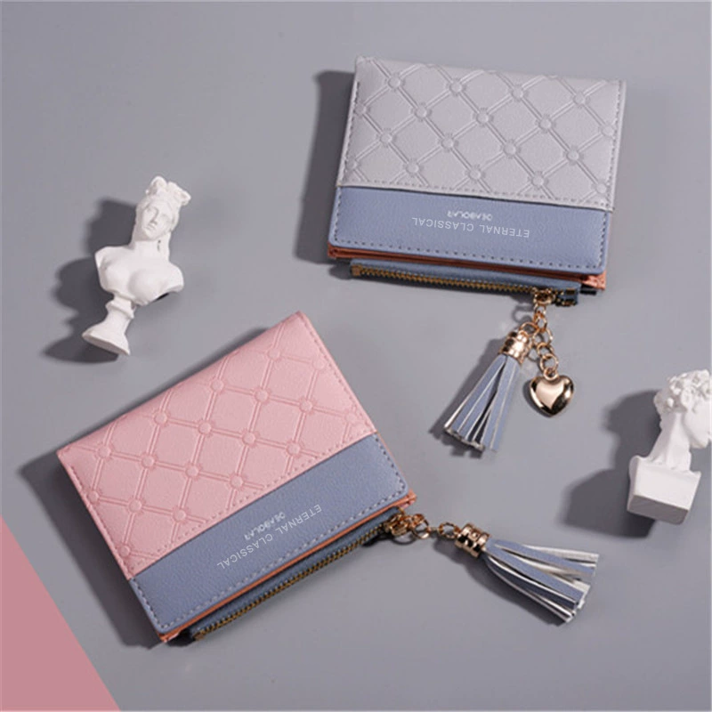 Short leather folding wallet, Korean style, contrasting stitching, zipper coin pocket, multi‑card