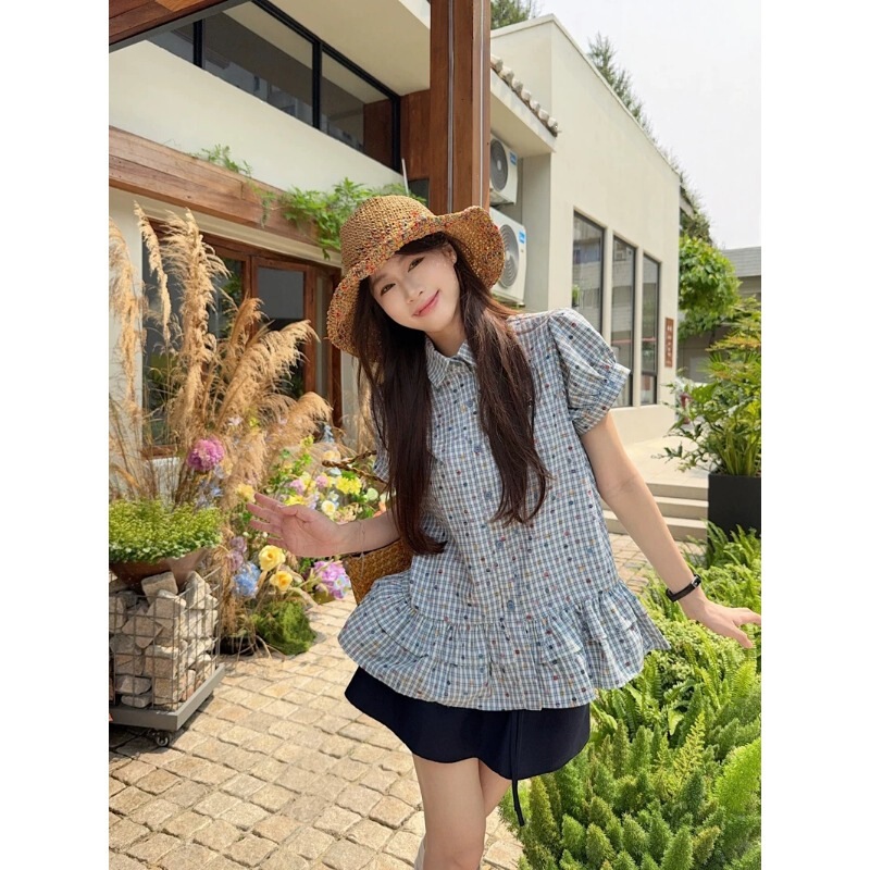 Korean-Style College-Style Retro Plaid Design Short-Sleeved Shirt for Women, Summer Fashion Loose Slimming Look Versatile Top with Lapels