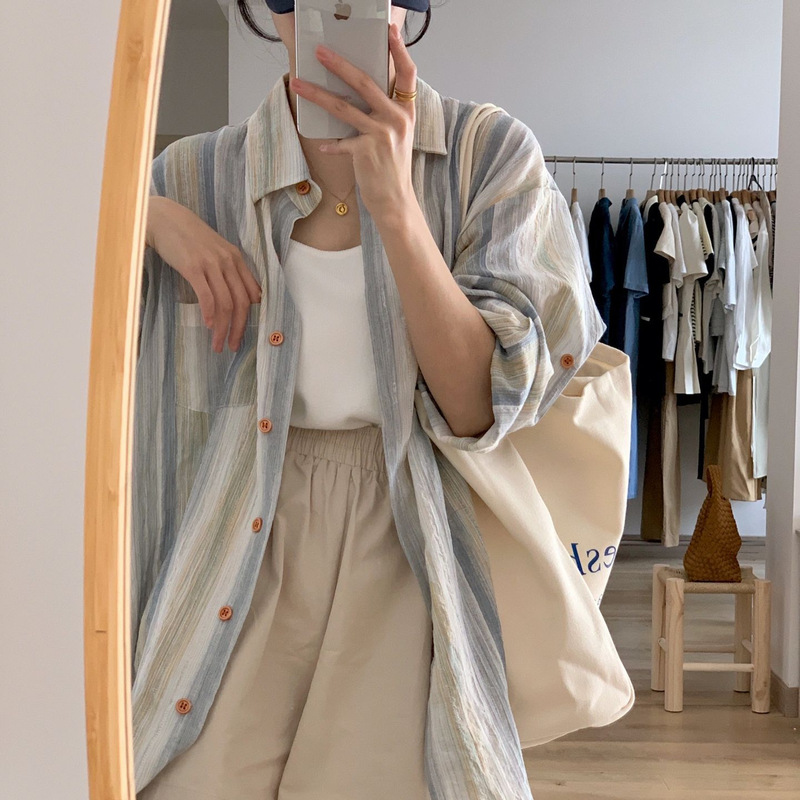 Sfumato Watercolor Texture Cotton Gauze Stripesd Sun Protection Shirt Spring & Fall Loose Casual Versatile Lightweight Long-Sleeved Top for Women Sfumato Watercolor Texture Cotton Gauze Stripesd Sun Protection Shirt Spring & Fall Loose Casual Versatile Lightweight Long-Sleeved Top for Women