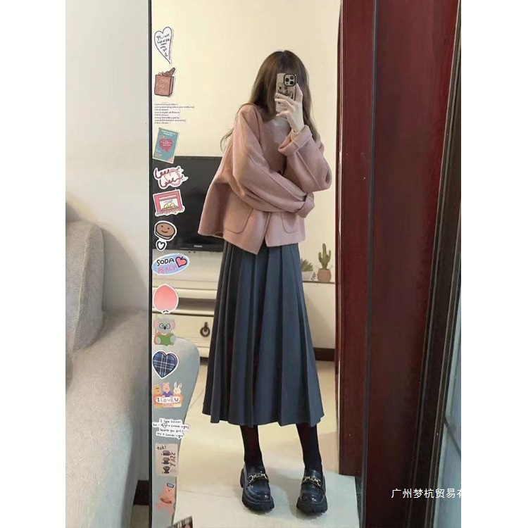 大码女秋冬显瘦遮肉气质小香风外套胖妹妹洋气减龄半身裙三件套装