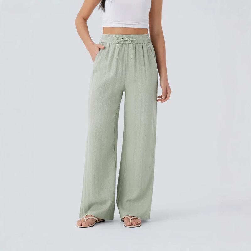 2026 Amazon High-Waisted Drawstring Side Pocket Wide-Leg Casual Linen Pants Flowy Wide-Leg Beach Pants Elastic Waist
