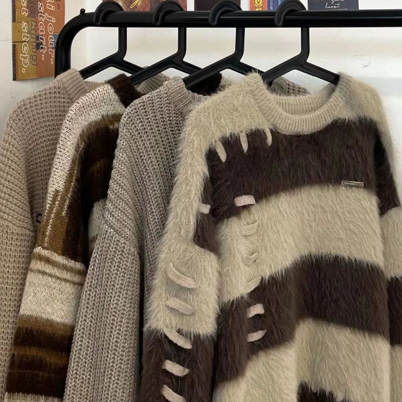 Autumn and Winter Tops, Soft and Lazy Striped Mink Velvet Sweaters for Women, Loose Design, Designer Women's Clothing, Clearance Wholesale