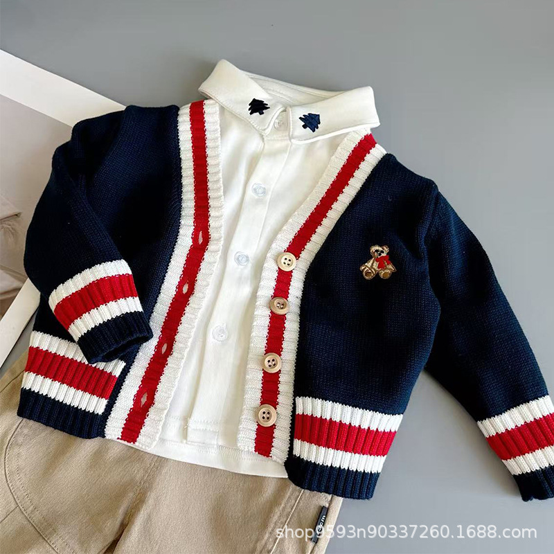 Color-blocked cardigan sweater for boys and girls, preppy style, embroidered bear top, autumn and winter children's clothing trendy