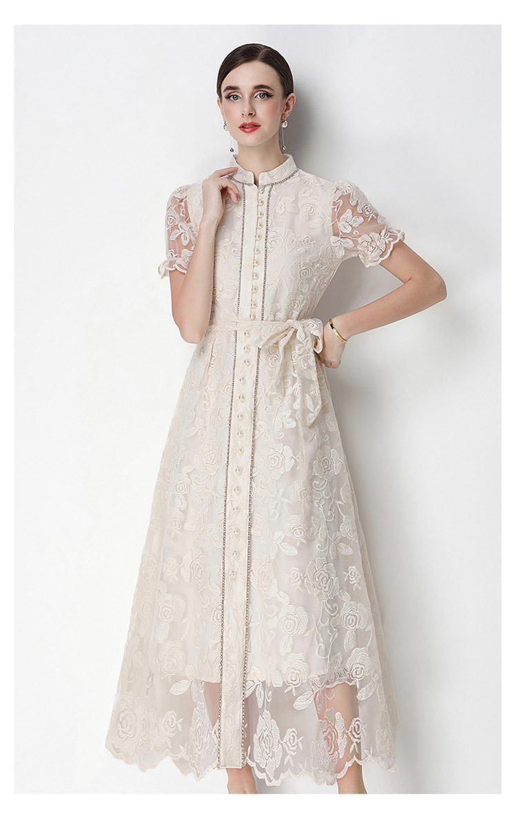 Đầm maxi nữ thêu ren họa tiết rỗng, tay ngắn, cổ tròn, thắt eo, dài qua gối — xanh lam, màu hồng, màu mơ chi tiết 21