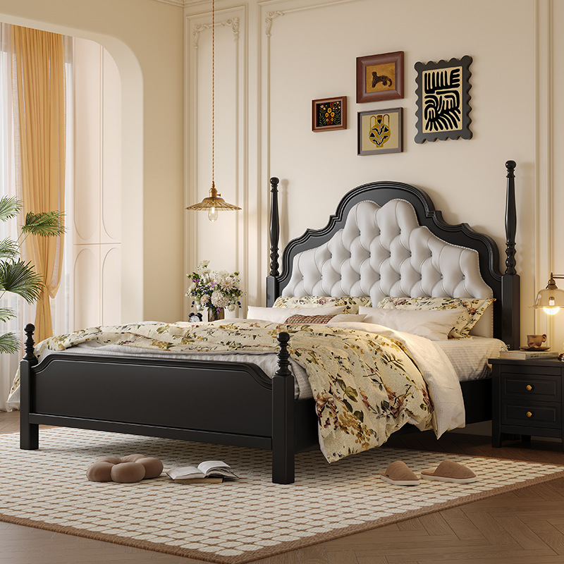 Cama francesa vintage cama de paquete blando Anna cama de madera maciza dormitorio principal color nuez 1.8m estilo medieval americano cama de boda