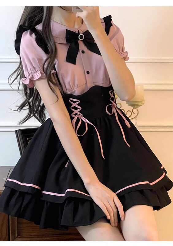 日本系の甘いかわいいロリータのワンピースの女の子のLolitaの王女のスカートのシャツの背もたれのスカートのスーツの2つのセット|undefined