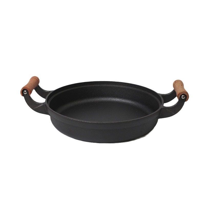 Mango de madera, sartén de fondo plano, sartén para panqueques, sartén para el hogar, sartén para panqueques de hierro fundido, panqueques, herramientas para frutas, no pegajosas