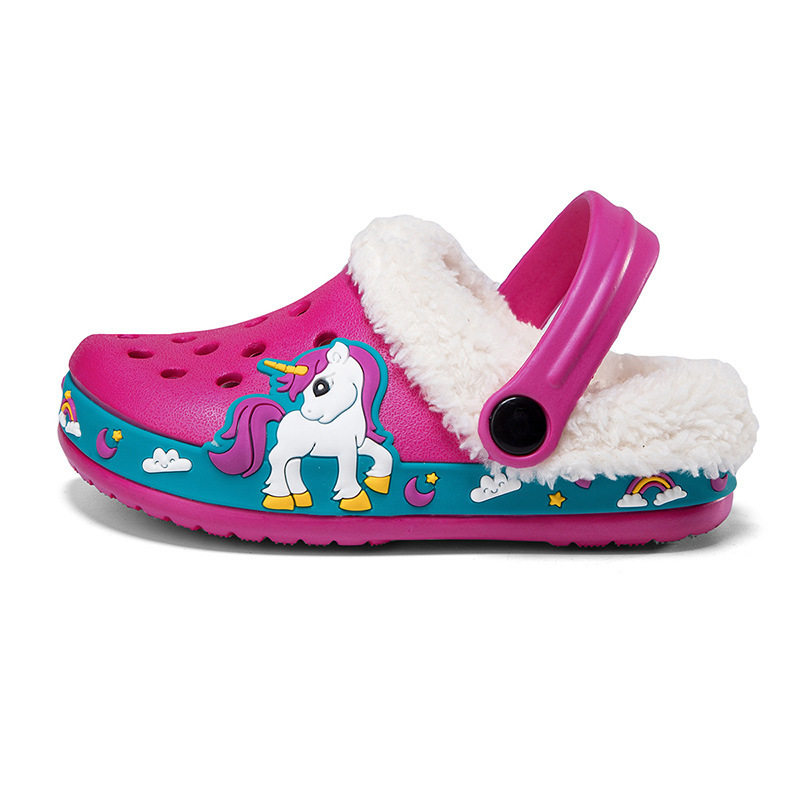 Giày clog trẻ em lót lông tháo rời họa tiết hoạt hình — —6 màu hồng, —6 màu đen, —6 xanh dương