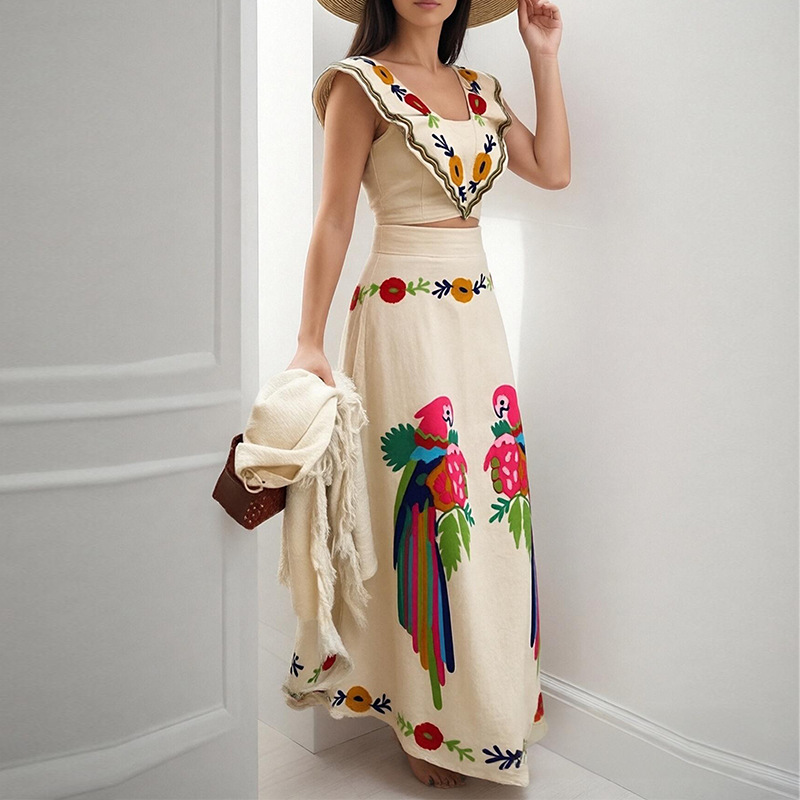 2026 New Spring Women's Clothing European American Cross-Border Fashion Ins Printed Ruffle Top And Skirt Set_ecoleips.com