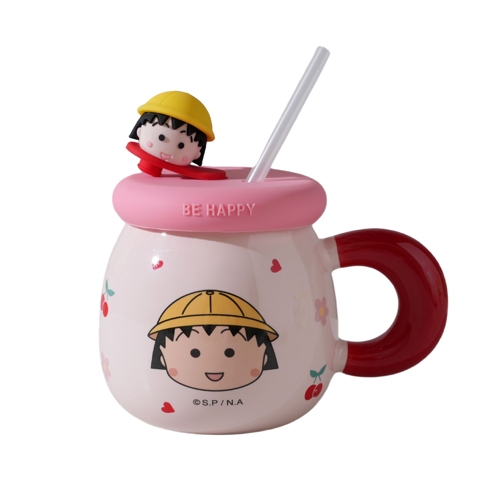 Taza de pajita de bolas de cereza Taza de cerámica para el hogar Memoria de la infancia Taza de agua para niños Taza de bebé familiar