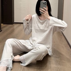 蕾丝圆领磨毛睡衣套装秋冬新款可外穿亲肤宽松柔软家居服两件套女