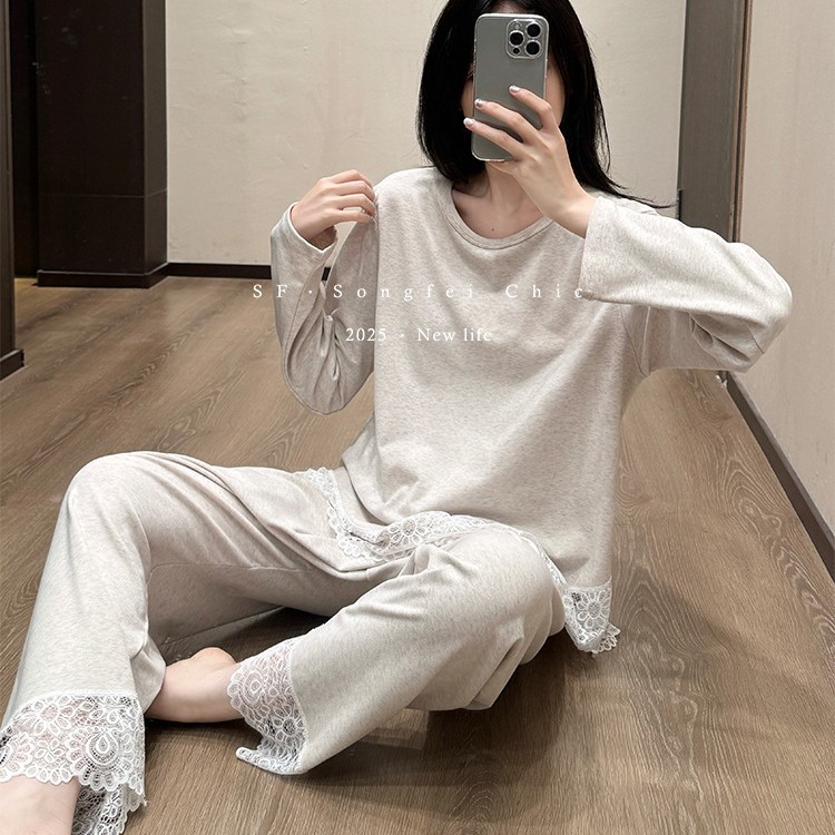 蕾丝圆领磨毛睡衣套装秋冬新款可外穿亲肤宽松柔软家居服两件套女|undefined