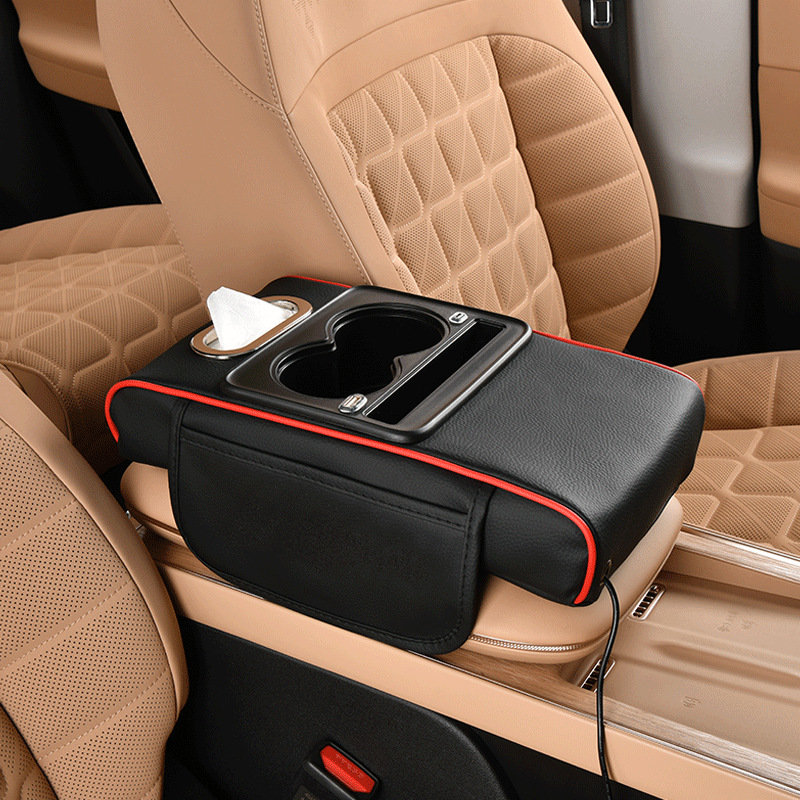 Rechargeable Car Armrest Box Heightening Pad with Cup Holder