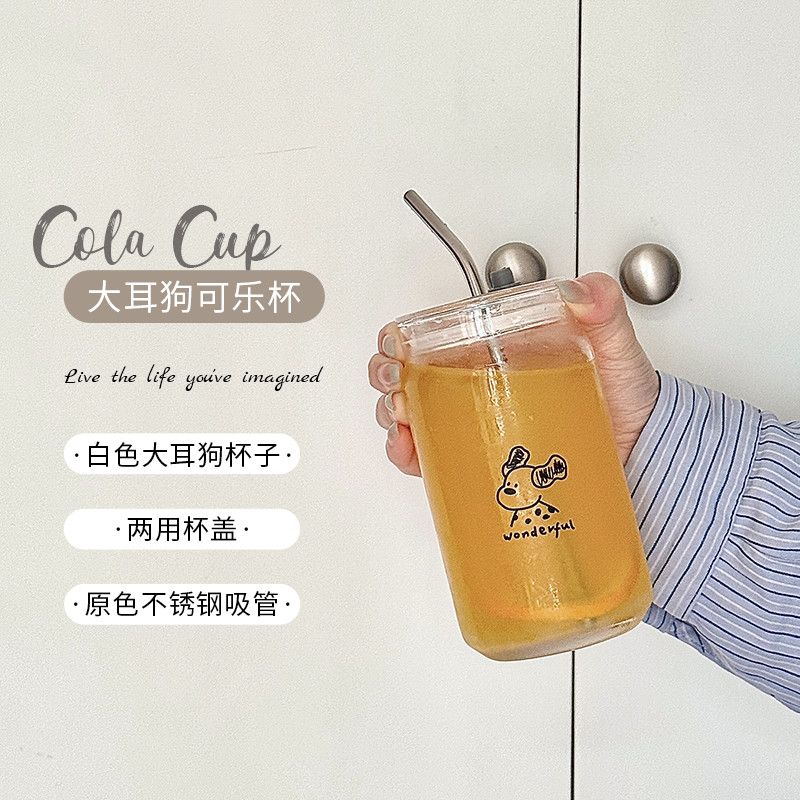 Fábrica directa de ventas en línea ins taza de paja de vidrio de ventana simple escala de dibujos animados taza de leche de alto boro con taza de vidrio cubierta