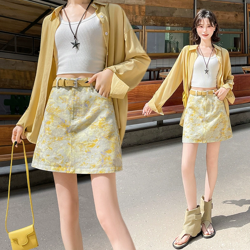 Джинсовая юбка с принтом тай-дай для женщин, лето 2025, новая мода, сексуальная, высокая талия, облегающая юбка-трапеция, универсальная юбка