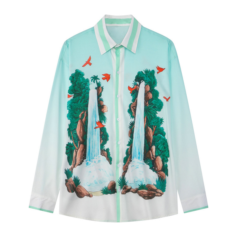 Trendy Brand Casual European and American Digital Printing Long Sleeve Shirt Waterfall Plant Loose Beach Retro Shirt Cardigan Men