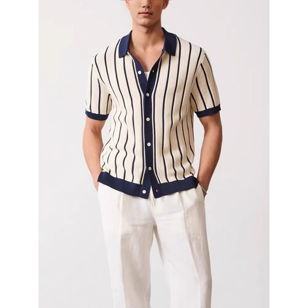 Camisas polo de cuello V camisa de punto de manga corta hombre cardigan rayas viejas líneas de hielo de viento de verano fábrica transfronteriza al por mayor