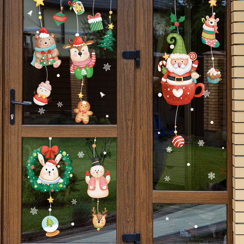 圣诞新品亚马逊爆款圣诞老人花环墙贴纸雪花圣诞树贴画静电玻璃贴