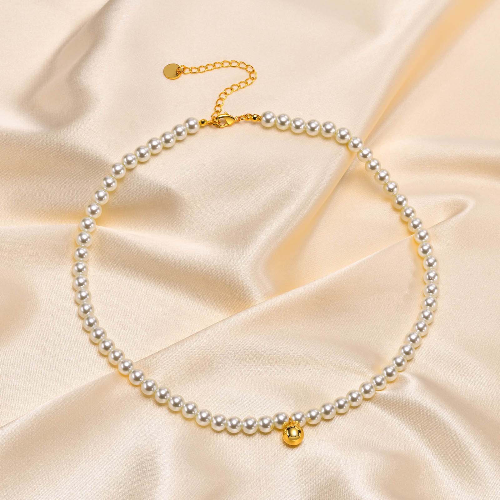 Elegant Round Titanium Steel Beaded Artificial Pearls Necklace