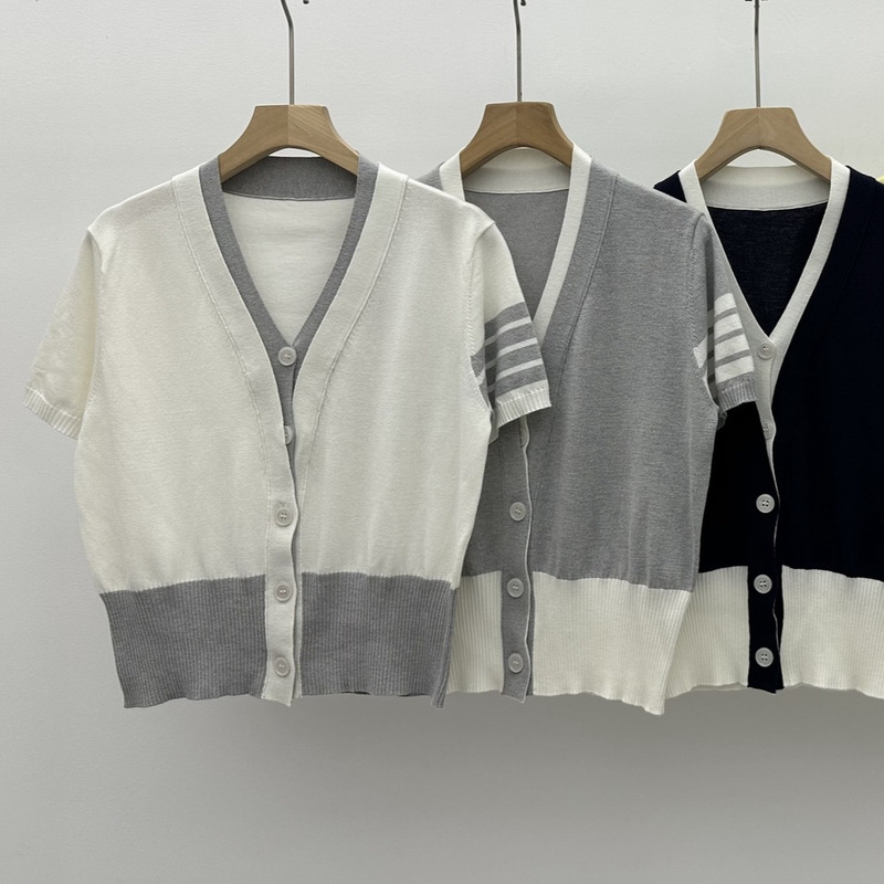 Women's Tb Knit Cardigan Outerwear Top, College Style, Color-Blocking V-Neck, Faux Two-Piece, Spring Style, High-End Feel, Four Stripes