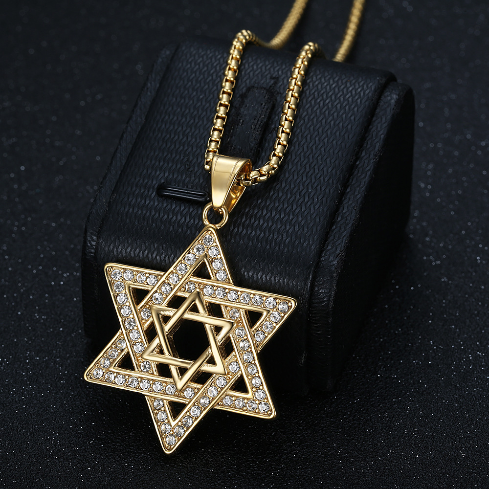 Hexagram Pattern Men's Gender Plating Design Hip-Hop Hexagram Titanium Steel Plating Rhinestones 18K Gold Plated Men's