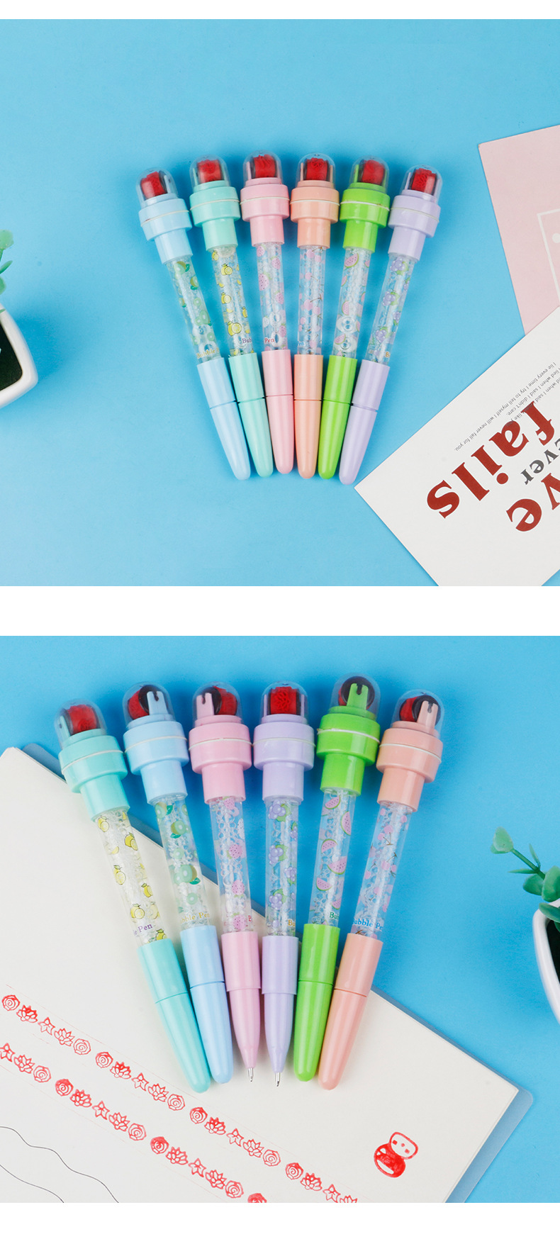 Cartoon Pattern Cute Style Pink, Green, Blue Color Bubble Pen Multifunctional Magic Pen Gel Pen Cartoon Cute Light Roller Seal Pen Factory Direct Sales